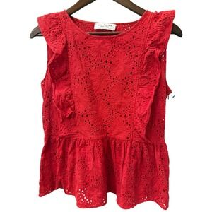 Anna Rachele Eyelet Peplum Blouse Red Ruffle Cotton Italy Size L Top Romantic